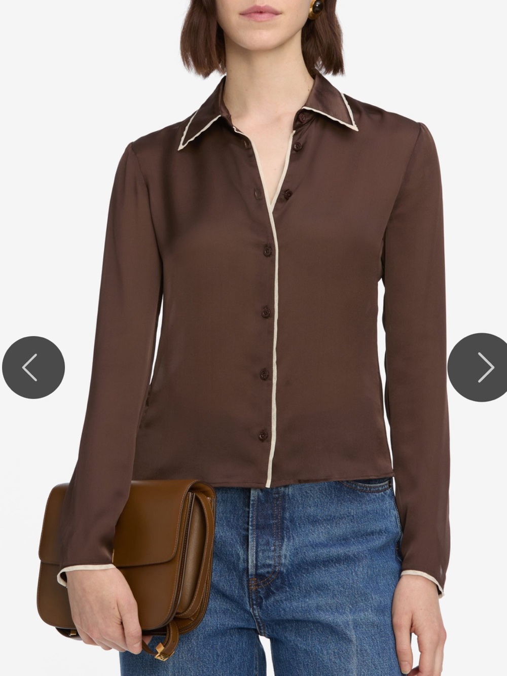 FRAME 100% Silk Slim Essential Shirt Coffee Multi Contrast Trim S